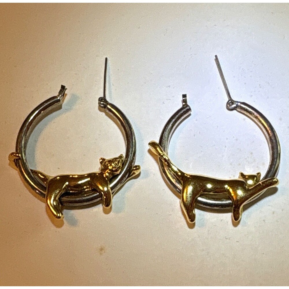 Cat Charm Two-Tone Silver/Gold Round Hoop Earrings Hinged 1.25 in Pair No Stone